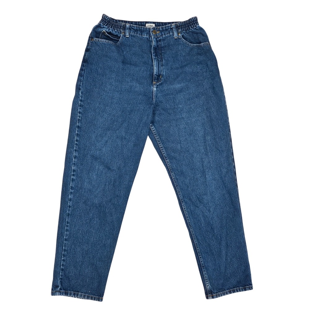LL Bean Original Relaxed Fit Mom Elastic Waist Jeans Dark Wash Denim Size 16 REG